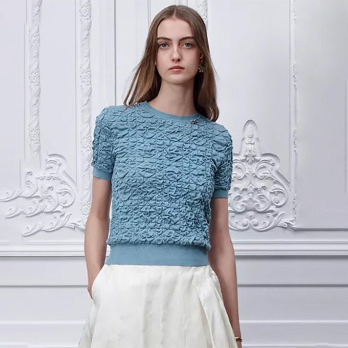 dior ruched texture crew neck knit short sleeve top